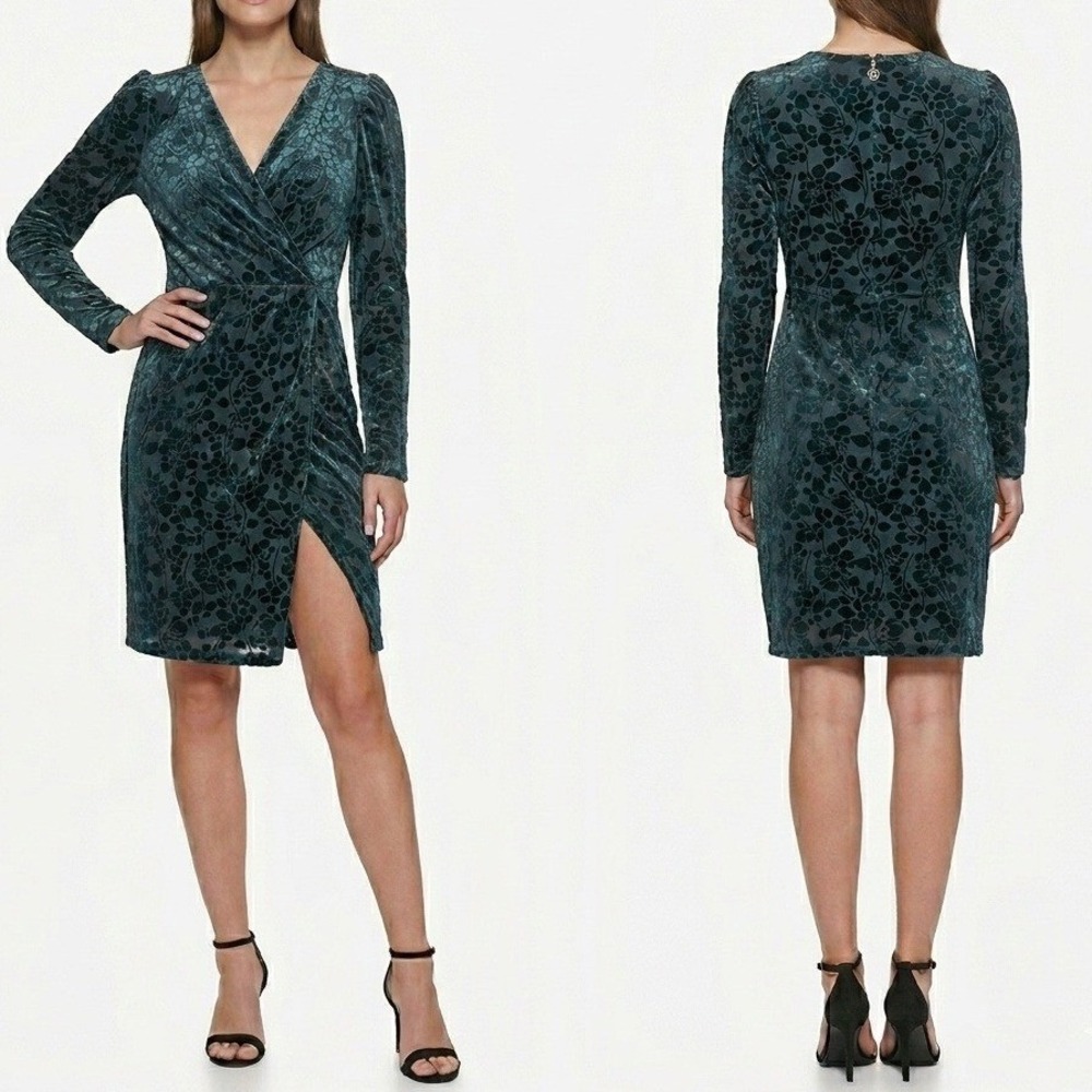 Tommy Hilfiger‎ Burnout Velvet Faux Wrap Dress Sz 8 Emerald Green Wedding Guest